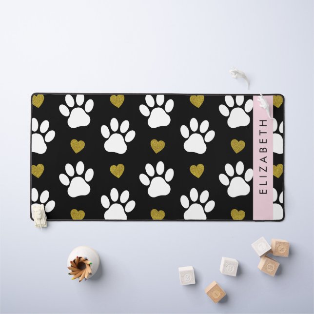 Dog Paws, White Paws, Gold Hearts, Your Name Desk Mat (Kids Table)