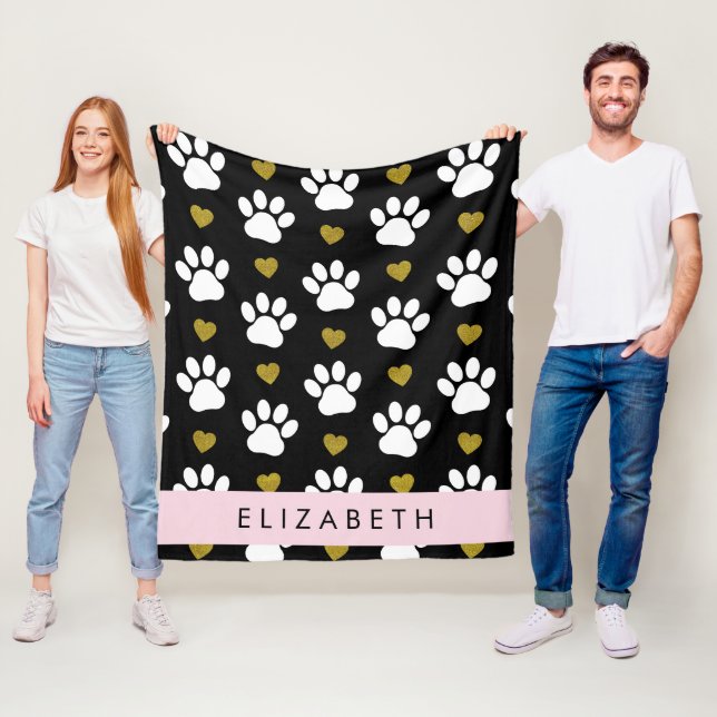 Dog Paws, White Paws, Gold Hearts, Your Name Fleece Blanket (In Situ)
