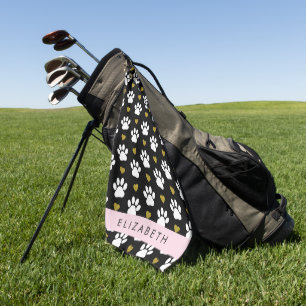 Dog Paws, White Paws, Gold Hearts, Your Name Golf Towel