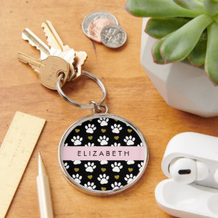 Dog Paws, White Paws, Gold Hearts, Your Name Key Ring