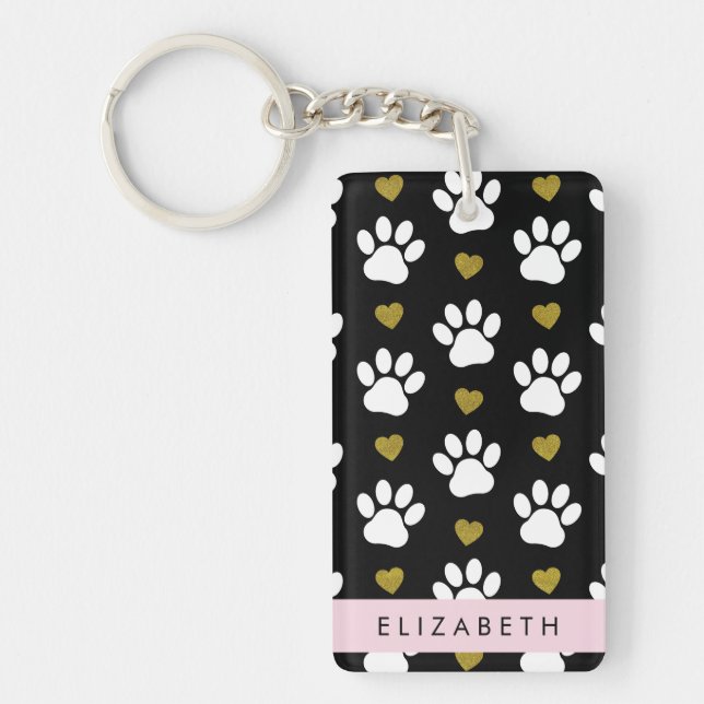 Dog Paws, White Paws, Gold Hearts, Your Name Key Ring (Front)