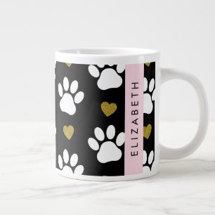 Dog Paws, White Paws, Gold Hearts, Your Name Large Coffee Mug