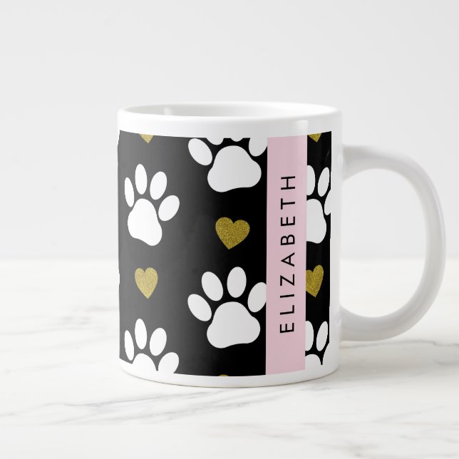 Dog Paws, White Paws, Gold Hearts, Your Name Large Coffee Mug (Right)