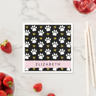 Dog Paws, White Paws, Gold Hearts, Your Name Napkin