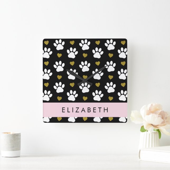 Dog Paws, White Paws, Gold Hearts, Your Name Square Wall Clock (Home)