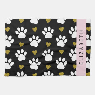 Dog Paws, White Paws, Gold Hearts, Your Name Tea Towel