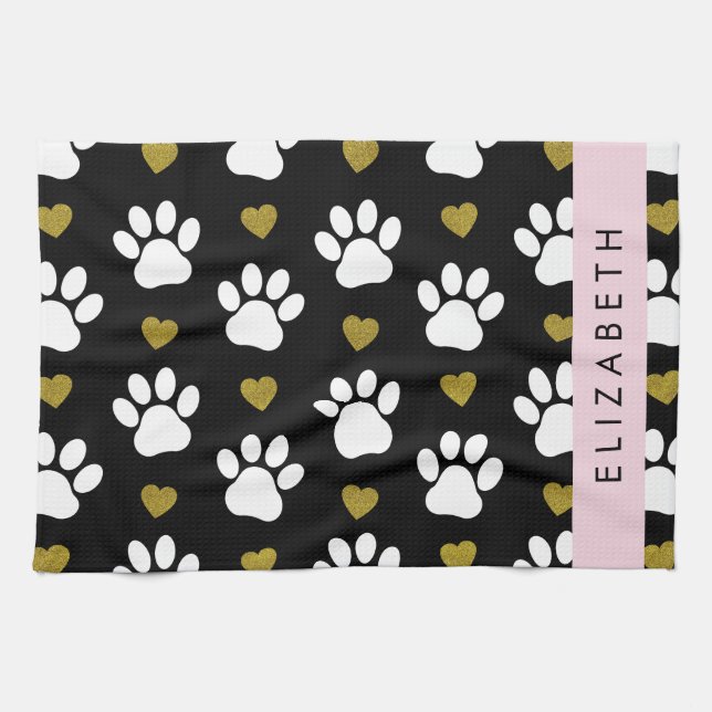 Dog Paws, White Paws, Gold Hearts, Your Name Tea Towel (Horizontal)