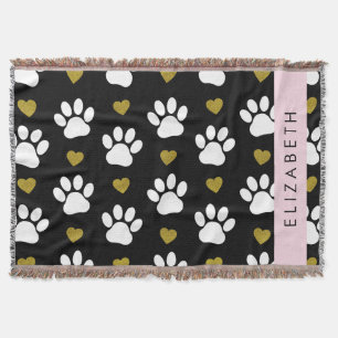 Dog Paws, White Paws, Gold Hearts, Your Name Throw Blanket
