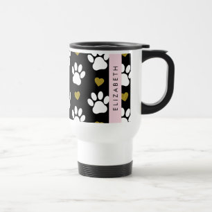 Dog Paws, White Paws, Gold Hearts, Your Name Travel Mug