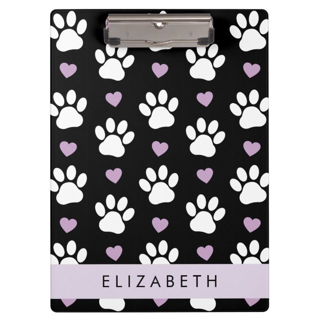Dog Paws, White Paws, Lilac Hearts, Your Name Clipboard (Front)