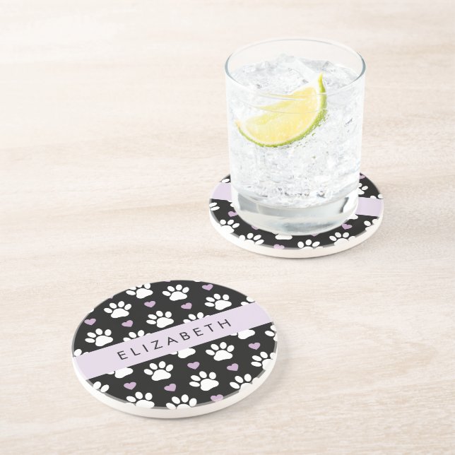 Dog Paws, White Paws, Lilac Hearts, Your Name Coaster (Side)