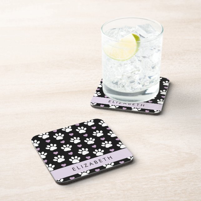 Dog Paws, White Paws, Lilac Hearts, Your Name Coaster (Right Side)