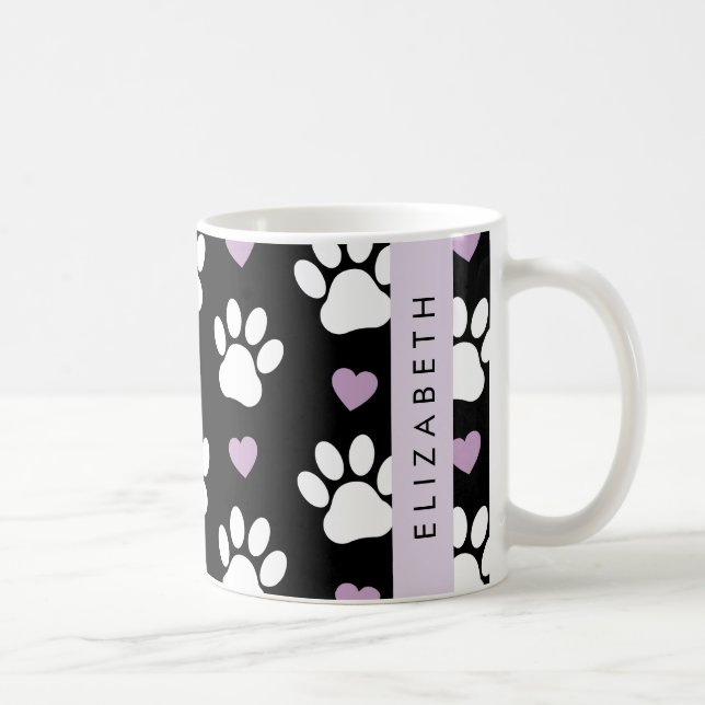 Dog Paws, White Paws, Lilac Hearts, Your Name Coffee Mug (Right)