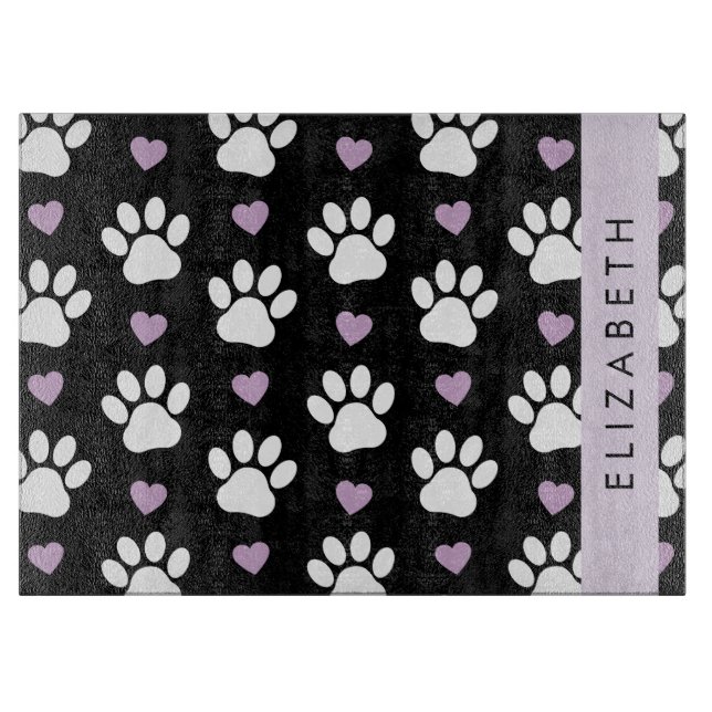 Dog Paws, White Paws, Lilac Hearts, Your Name Cutting Board (Front)