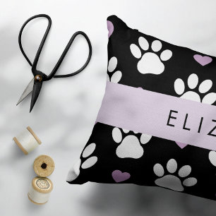 Dog Paws, White Paws, Lilac Hearts, Your Name Decorative Cushion