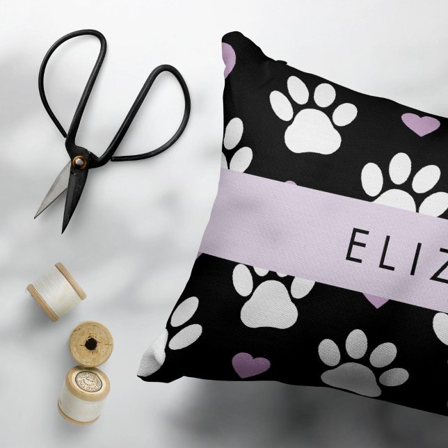 Dog Paws, White Paws, Lilac Hearts, Your Name Decorative Cushion (Creator Uploaded)