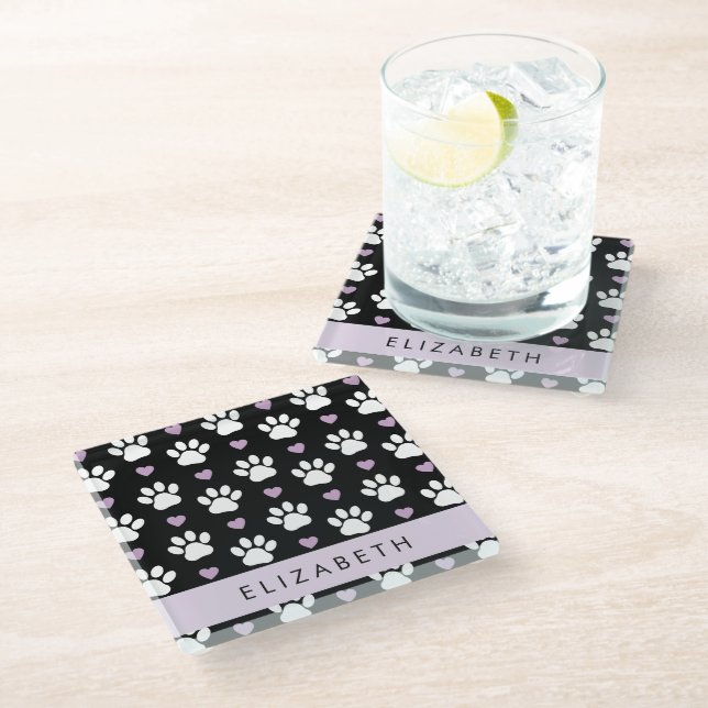 Dog Paws, White Paws, Lilac Hearts, Your Name Glass Coaster (Angled)