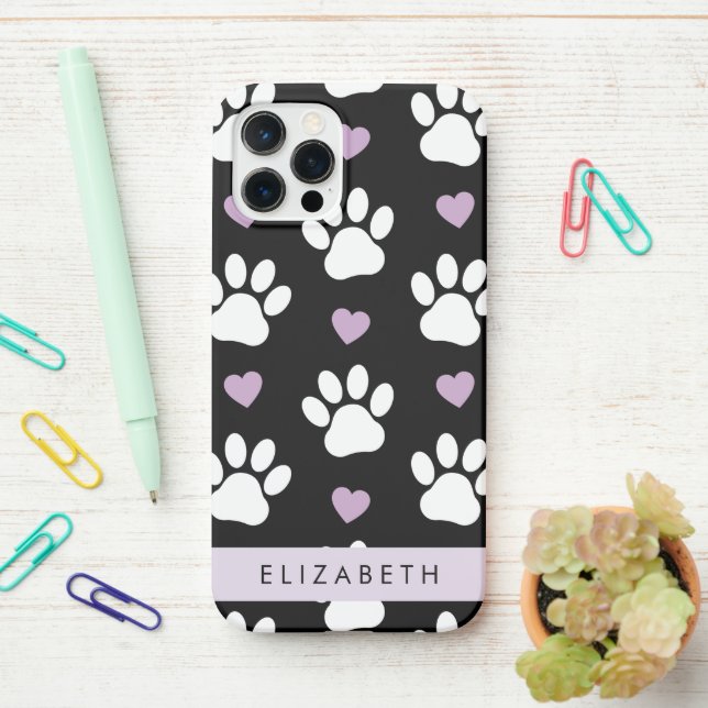 Dog Paws, White Paws, Lilac Hearts, Your Name iPhone Case (On Desk)