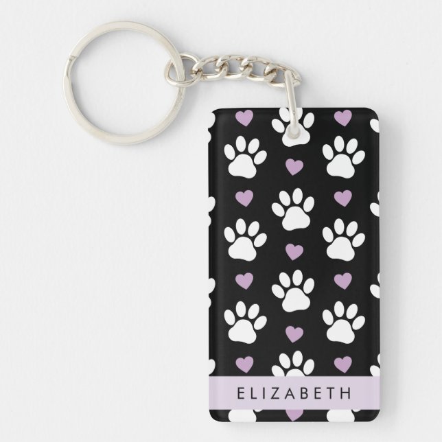 Dog Paws, White Paws, Lilac Hearts, Your Name Key Ring (Front)