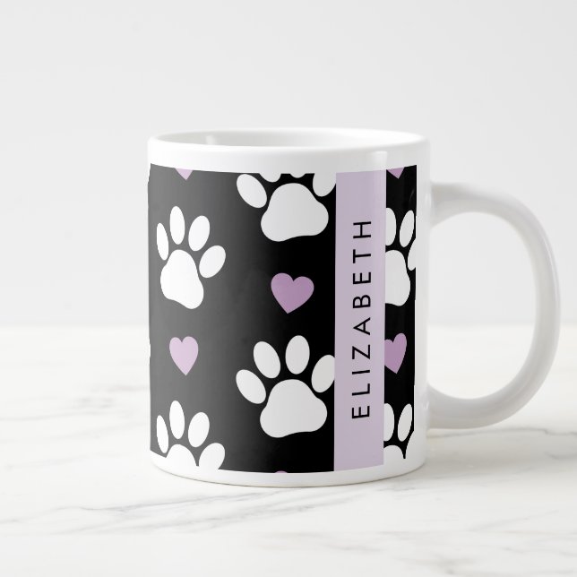 Dog Paws, White Paws, Lilac Hearts, Your Name Large Coffee Mug (Right)