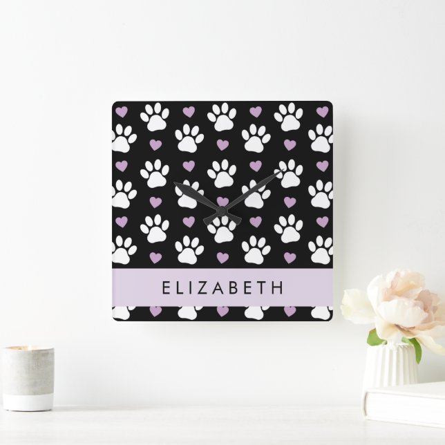 Dog Paws, White Paws, Lilac Hearts, Your Name Square Wall Clock (Home)