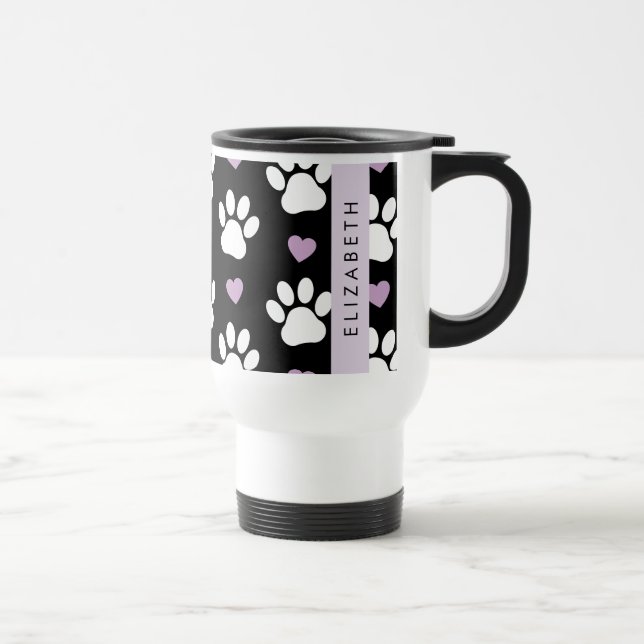 Dog Paws, White Paws, Lilac Hearts, Your Name Travel Mug (Right)