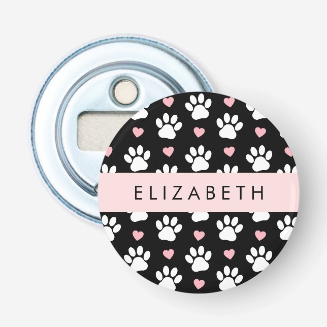 Dog Paws, White Paws, Pink Hearts, Your Name Bottle Opener (Front)