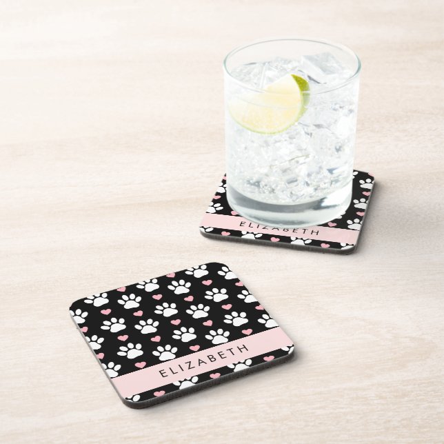 Dog Paws, White Paws, Pink Hearts, Your Name Coaster (Right Side)