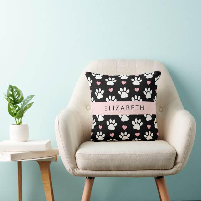 Dog Paws, White Paws, Pink Hearts, Your Name Cushion (Chair)
