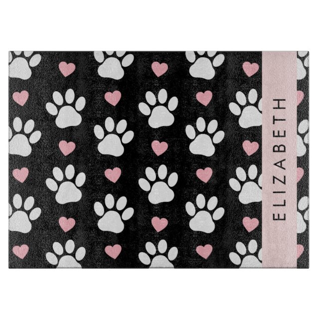 Dog Paws, White Paws, Pink Hearts, Your Name Cutting Board (Front)