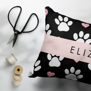 Dog Paws, White Paws, Pink Hearts, Your Name Decorative Cushion
