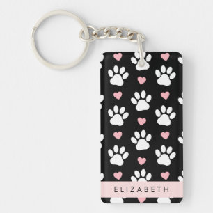 Dog Paws, White Paws, Pink Hearts, Your Name Key Ring