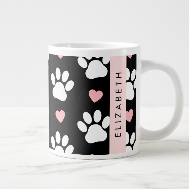 Dog Paws, White Paws, Pink Hearts, Your Name Large Coffee Mug (Right)