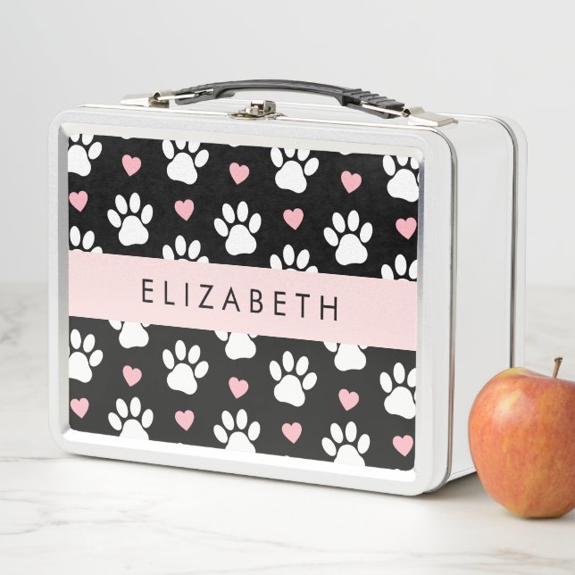 Dog Paws, White Paws, Pink Hearts, Your Name Metal Lunch Box (In Situ)