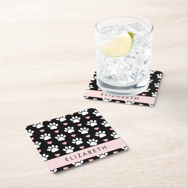 Dog Paws, White Paws, Pink Hearts, Your Name Square Paper Coaster (Insitu)