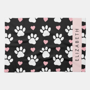 Dog Paws, White Paws, Pink Hearts, Your Name Tea Towel