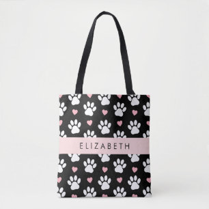 Dog Paws, White Paws, Pink Hearts, Your Name Tote Bag