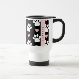 Dog Paws, White Paws, Pink Hearts, Your Name Travel Mug
