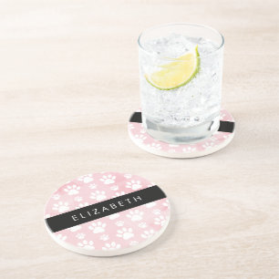 Dog Paws, White Paws, Pink Watercolors, Your Name Coaster