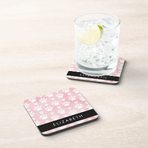 Dog Paws, White Paws, Pink Watercolors, Your Name Coaster