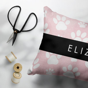 Dog Paws, White Paws, Pink Watercolors, Your Name Decorative Cushion