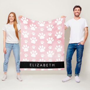 Dog Paws, White Paws, Pink Watercolors, Your Name Fleece Blanket