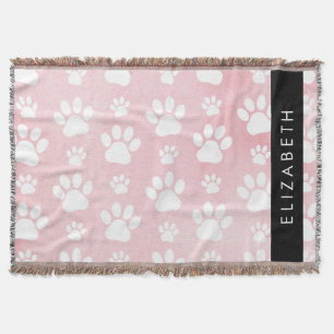 Dog Paws, White Paws, Pink Watercolors, Your Name Throw Blanket