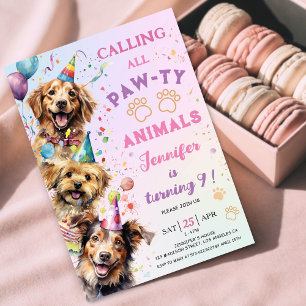 Dog Pawty Birthday Party Girl 9th Birthday Invitation