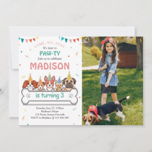 Dog Pawty Puppy Photo Birthday Invitation