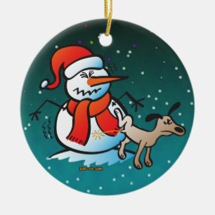 Dog Peeing on a Snowman! Ceramic Tree Decoration