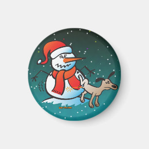 Dog Peeing on a Snowman Magnet
