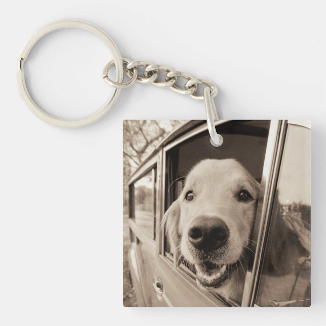 Dog Peeking Out a Car Window Key Ring (Front)