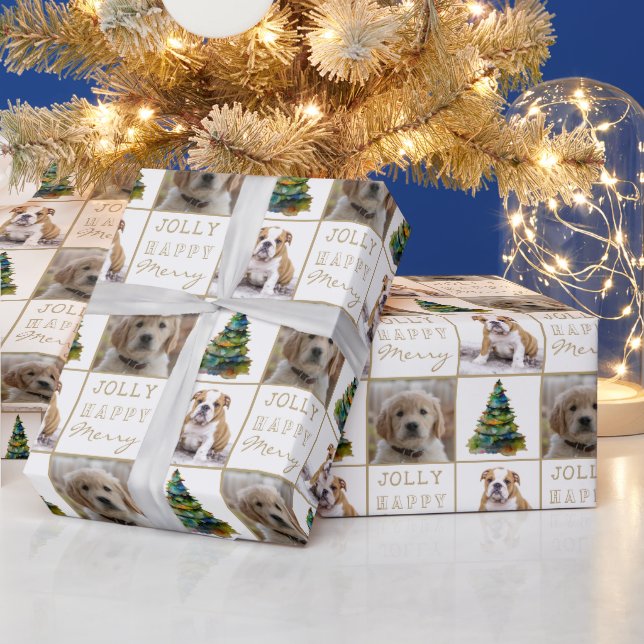 Dog Pet 2 Photos Christmas Tree Watercolor Wrapping Paper (Holidays)