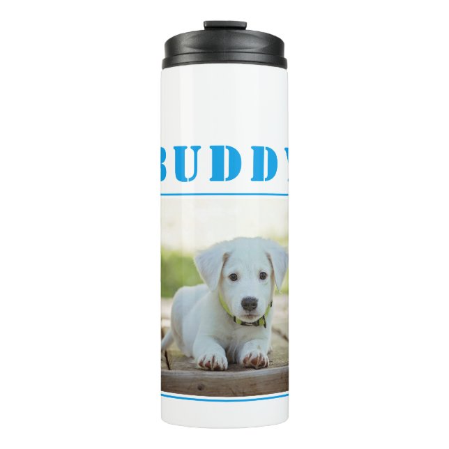Dog Pet Blue Name and Photo Personalised Thermal Tumbler (Front)